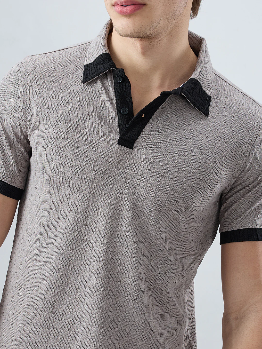 Shadow Grey Textured Contrast Polo Neck Knit T-shirt - Image 3