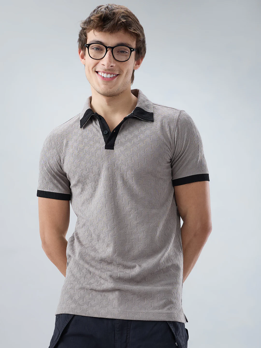 Shadow Grey Textured Contrast Polo Neck Knit T-shirt - Image 4