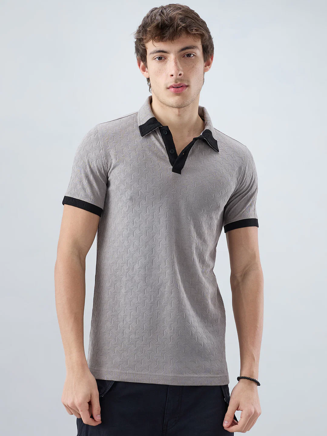 Shadow Grey Textured Contrast Polo Neck Knit T-shirt - Image 5