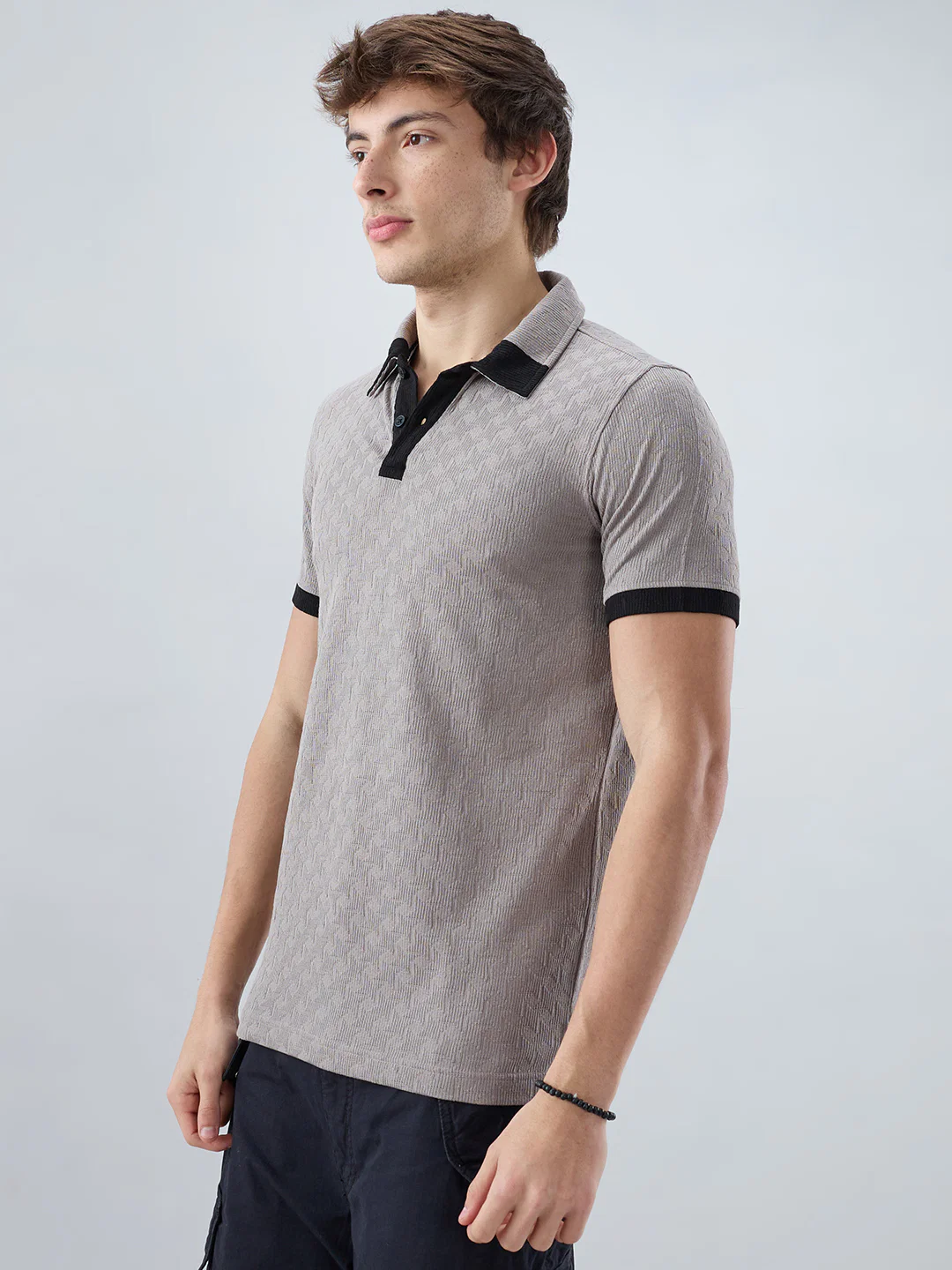 Shadow Grey Textured Contrast Polo Neck Knit T-shirt - Image 6