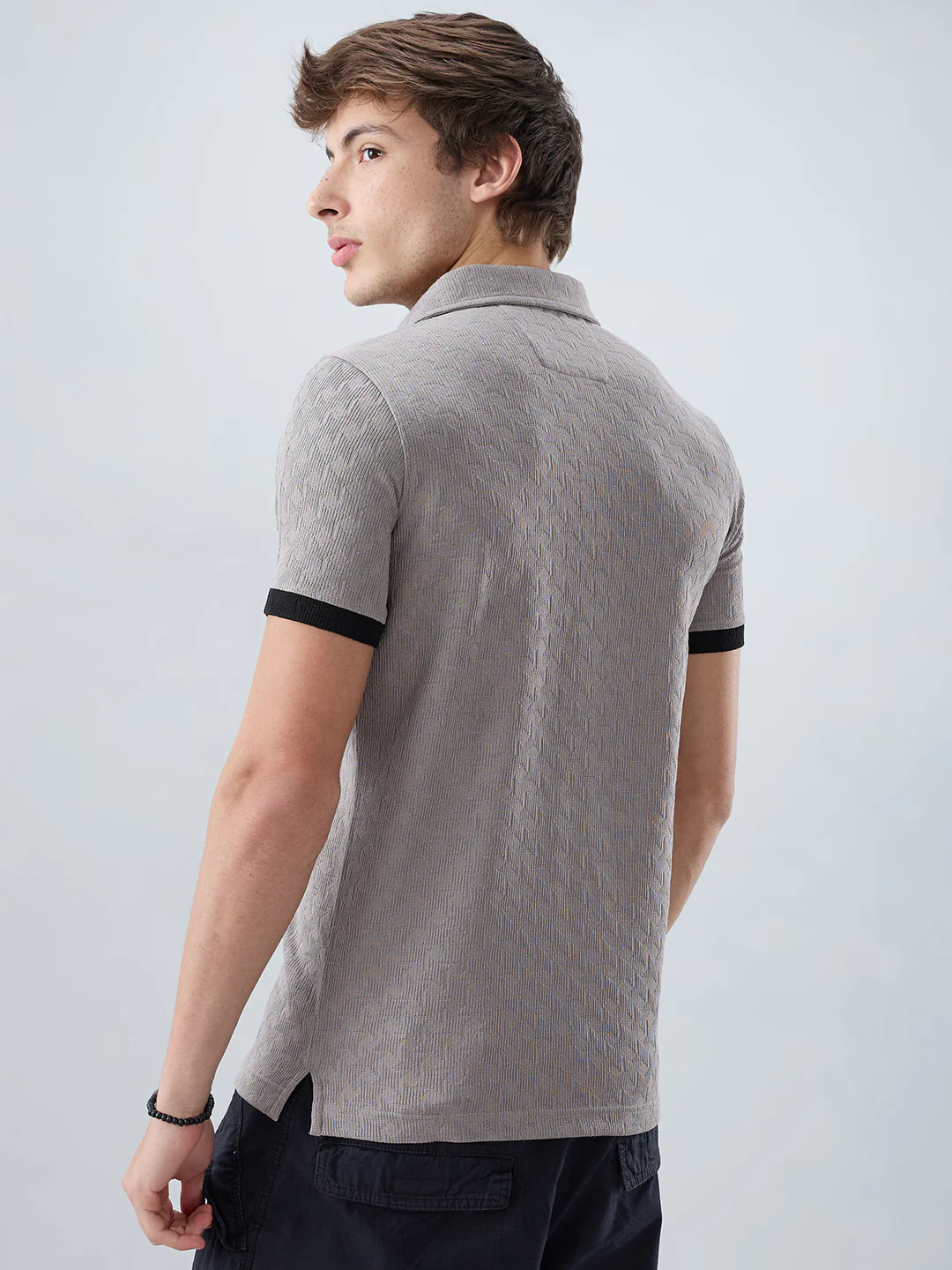 Shadow Grey Textured Contrast Polo Neck Knit T-shirt - Image 7