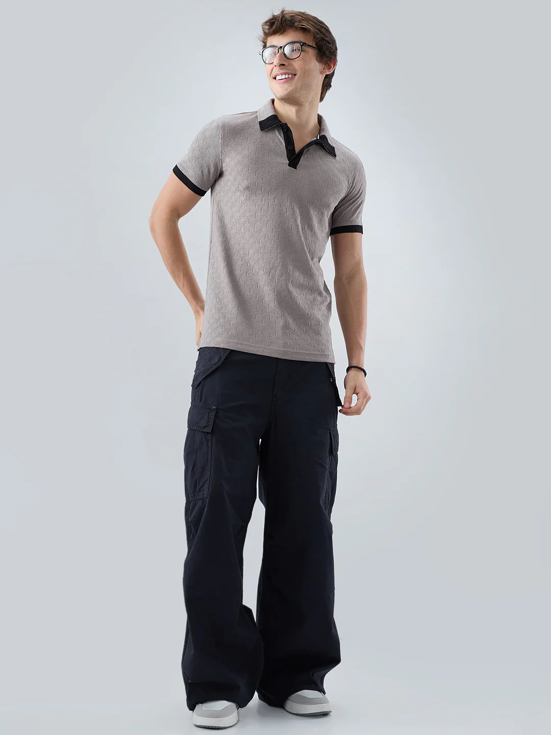Shadow Grey Textured Contrast Polo Neck Knit T-shirt - Image 8