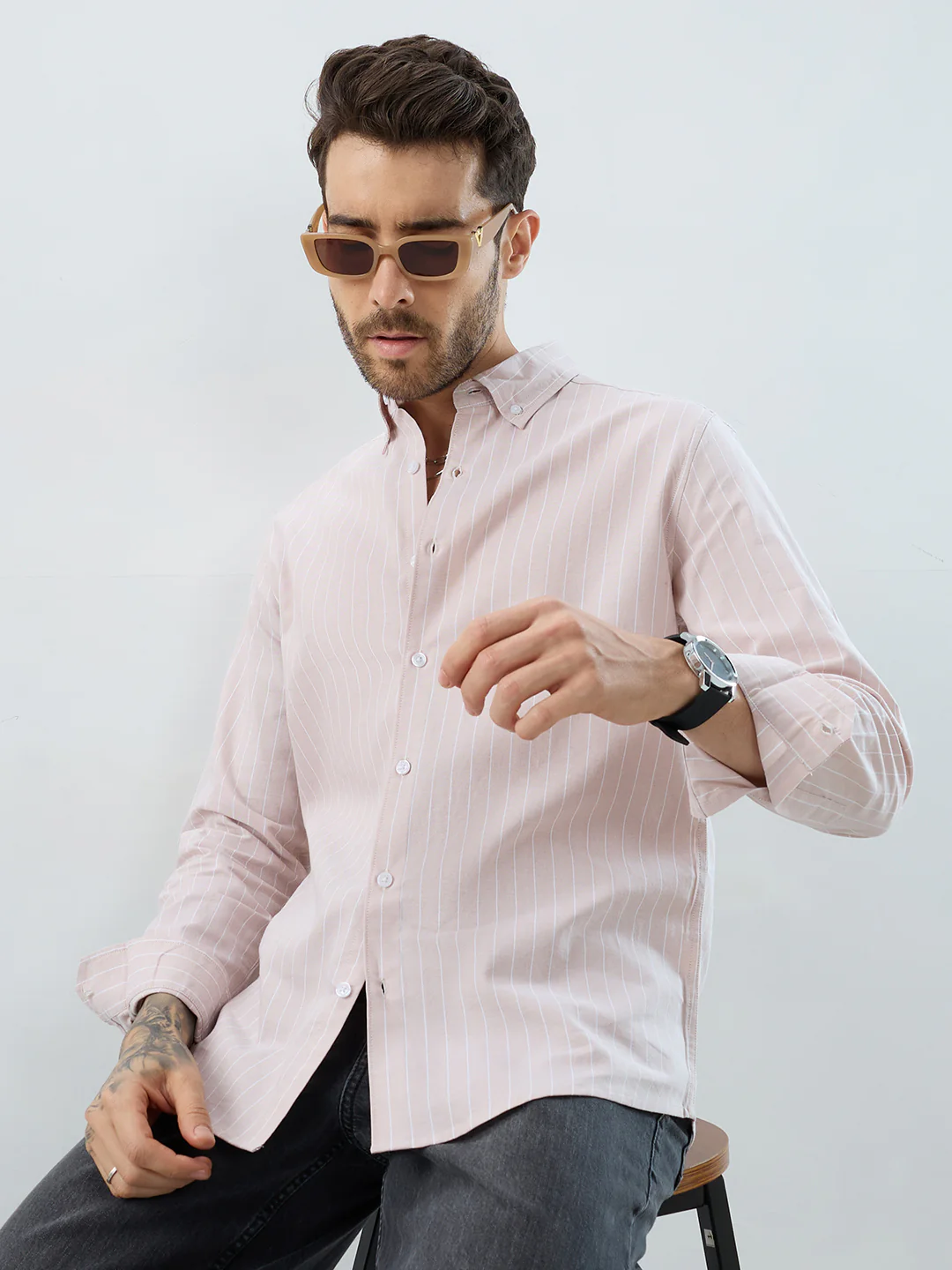Sharp Beige Refined Pinstripe Oxford Button-Down Business Shirt - Image 2