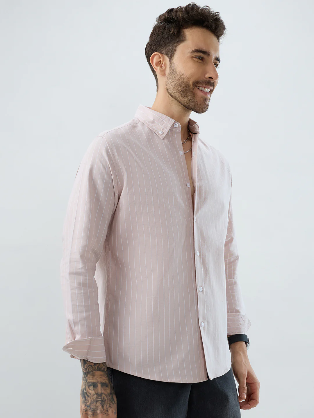 Sharp Beige Refined Pinstripe Oxford Button-Down Business Shirt - Image 5