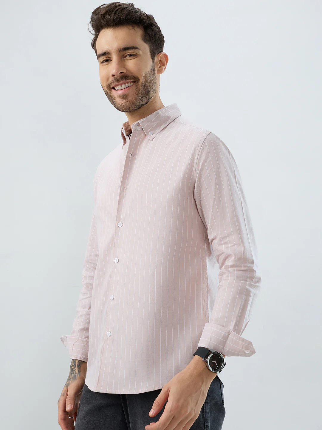 Sharp Beige Refined Pinstripe Oxford Button-Down Business Shirt - Image 6