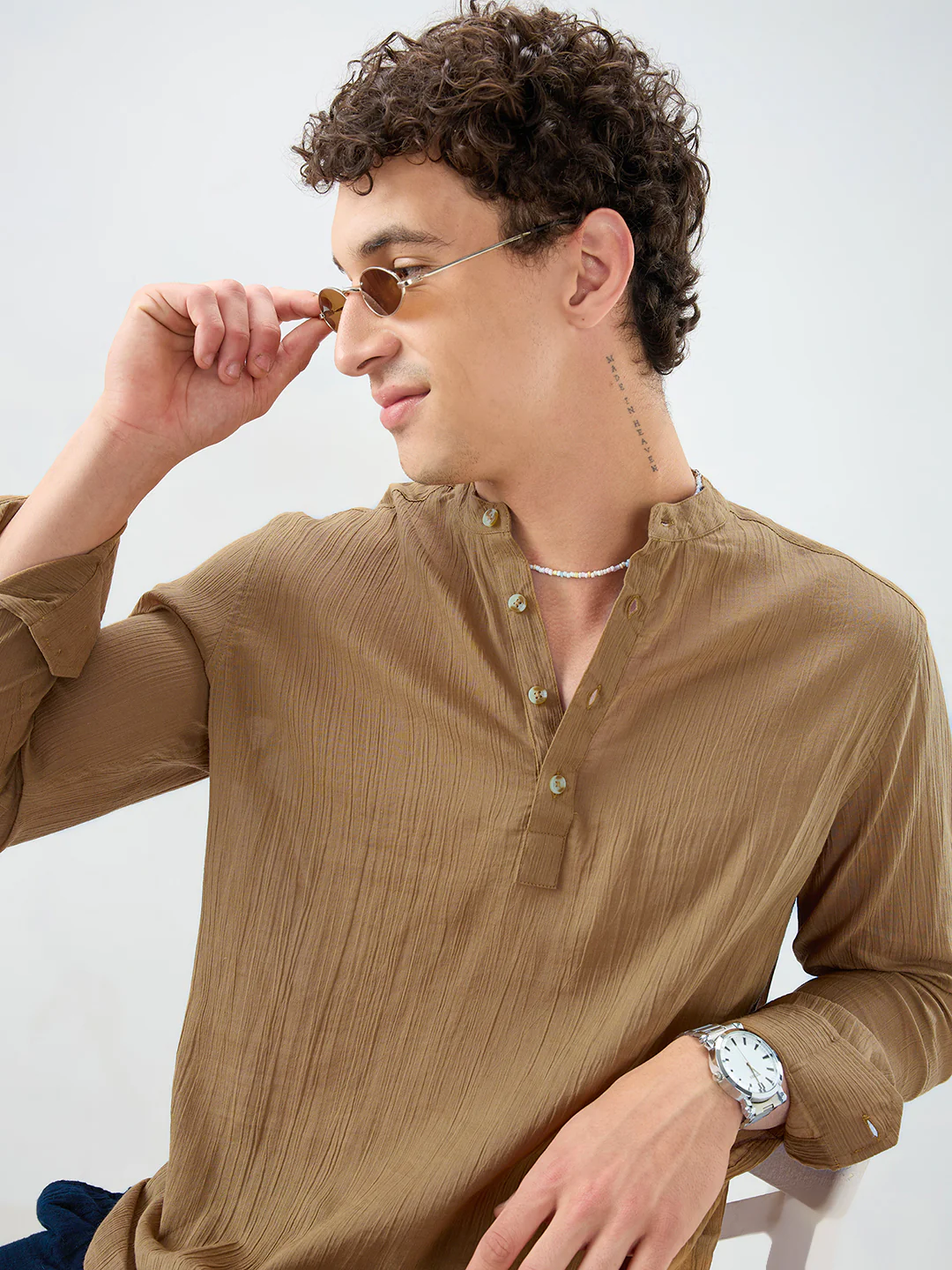 Sheer Khaki Linear Crepe Kurta - Image 2