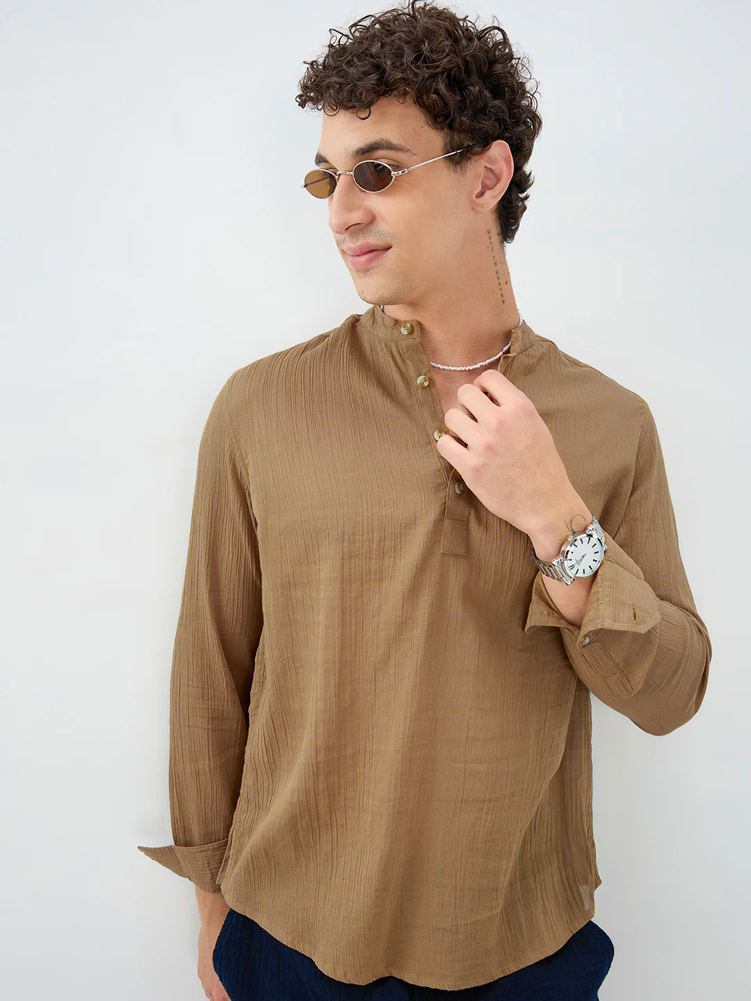 Sheer Khaki Linear Crepe Kurta - Image 4