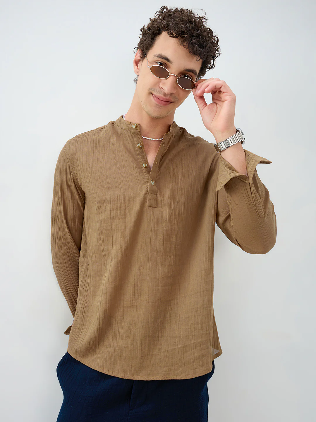 Sheer Khaki Linear Crepe Kurta - Image 5