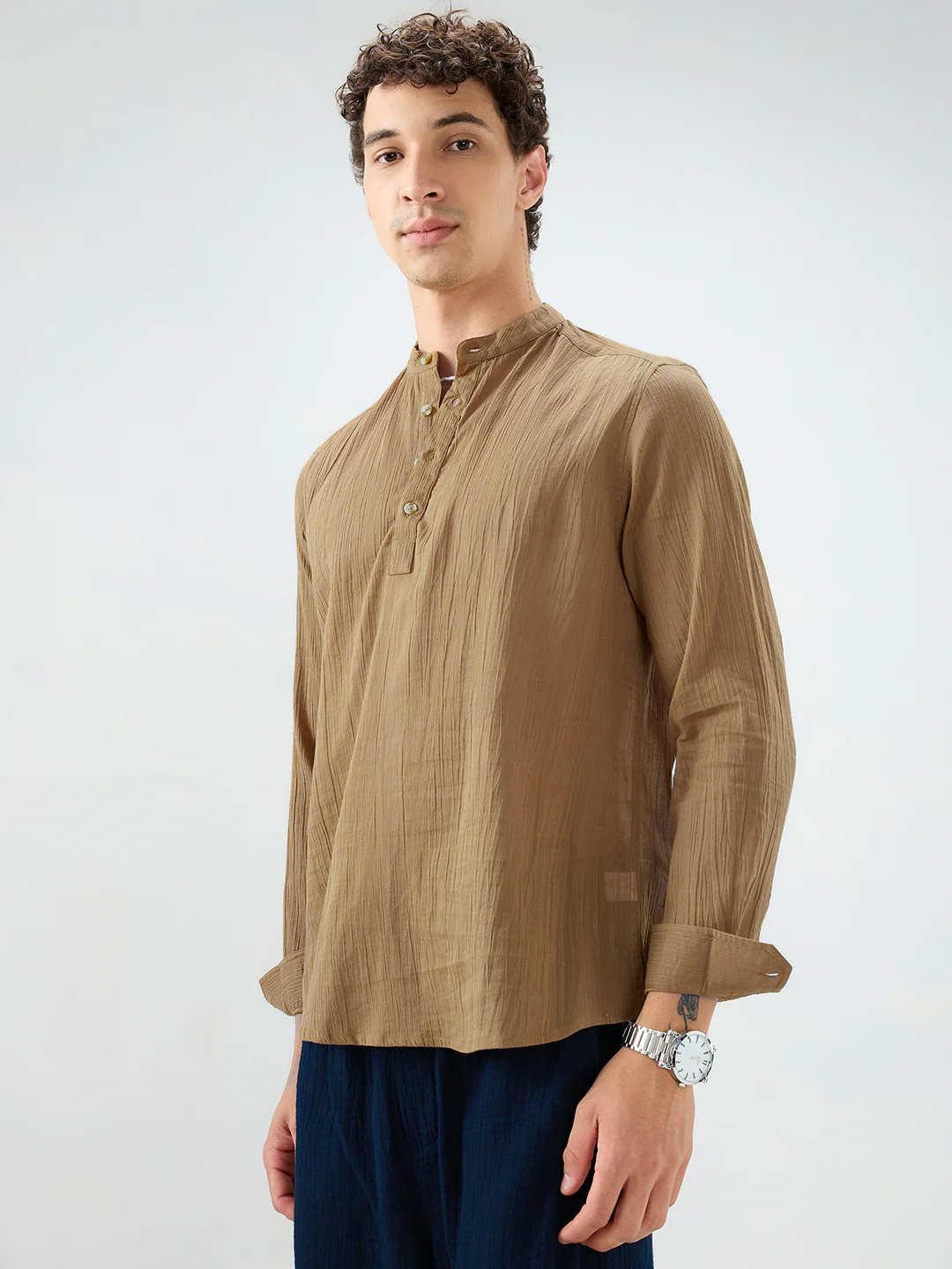 Sheer Khaki Linear Crepe Kurta - Image 6