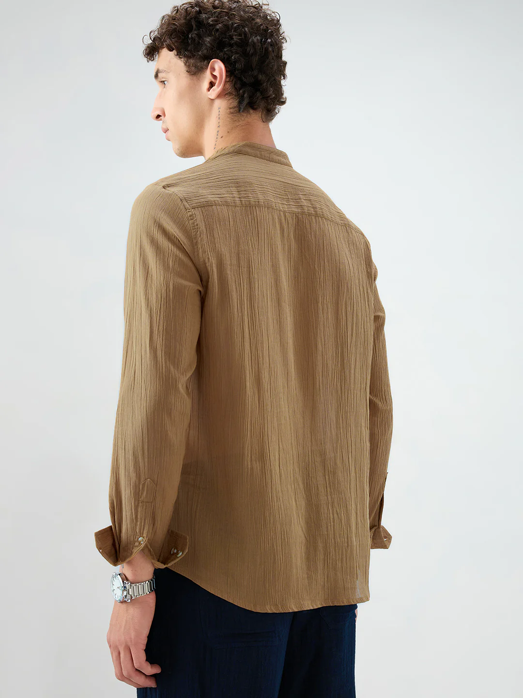 Sheer Khaki Linear Crepe Kurta - Image 7