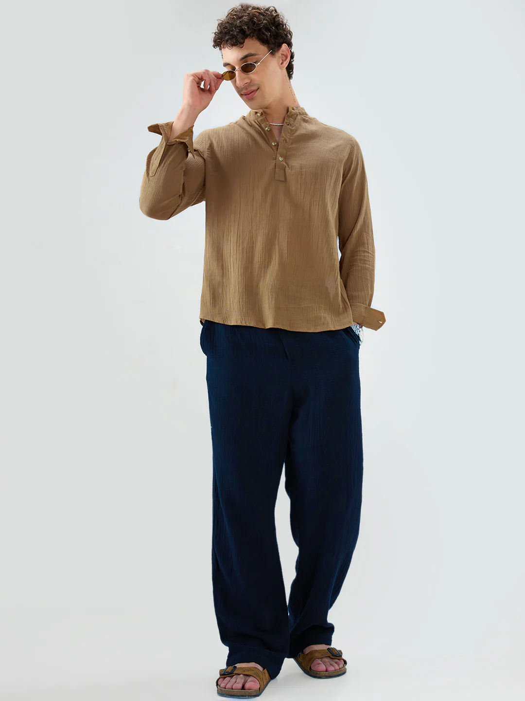 Sheer Khaki Linear Crepe Kurta - Image 8