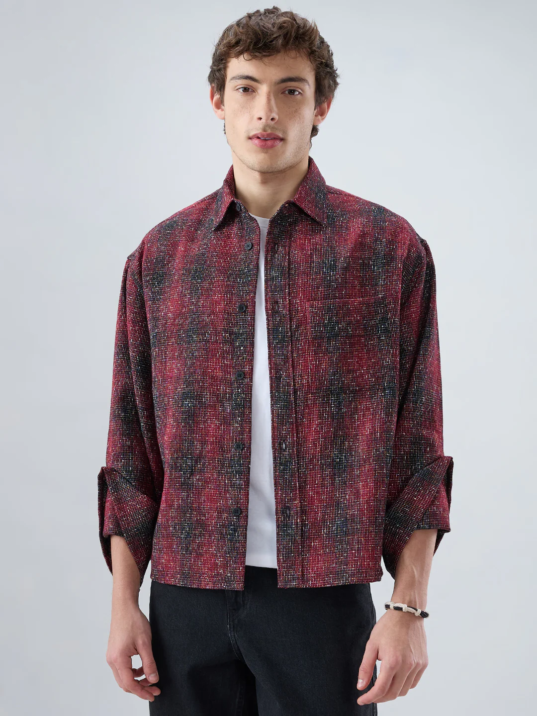 Silsila Shaam Glossy Maroon Textured Oversized Crop Shirt - Image 4