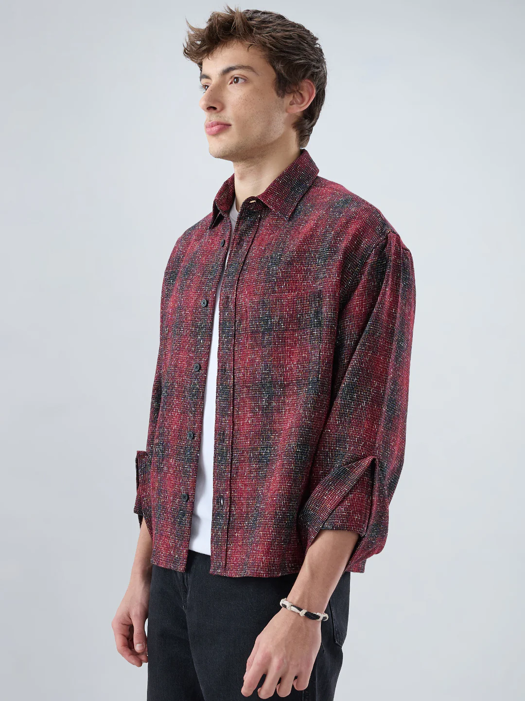 Silsila Shaam Glossy Maroon Textured Oversized Crop Shirt - Image 5