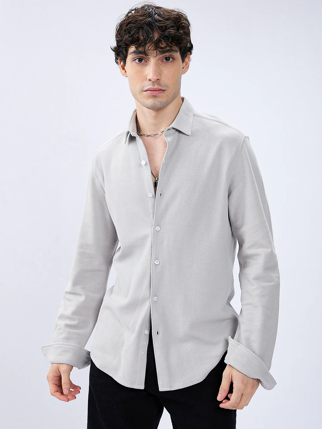 Silver Grey Soft Weave Knit Shirt - Image 4