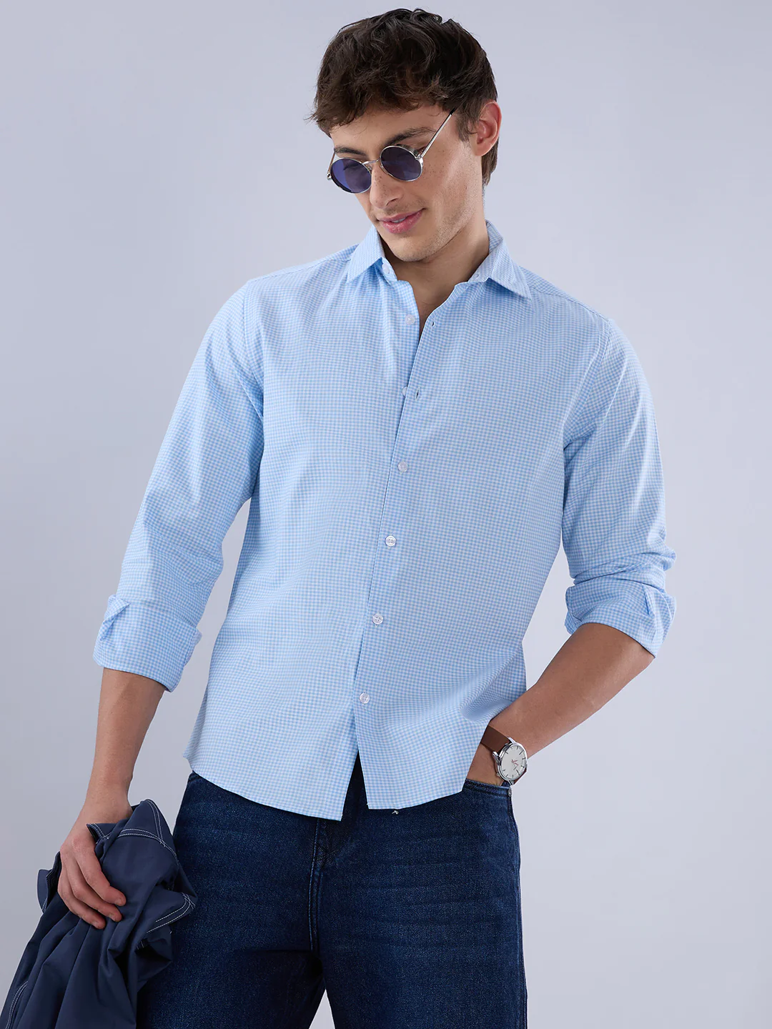 Sky Blue & White Tiny Checkered Oxford Shirt - Image 2