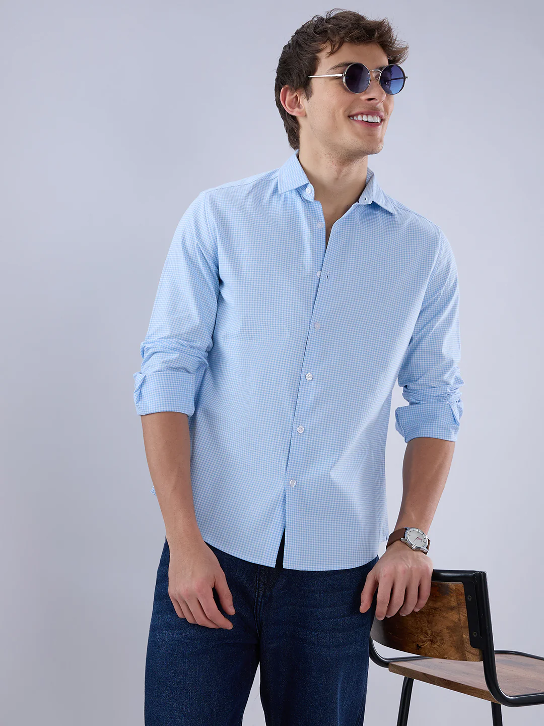 Sky Blue & White Tiny Checkered Oxford Shirt - Image 4