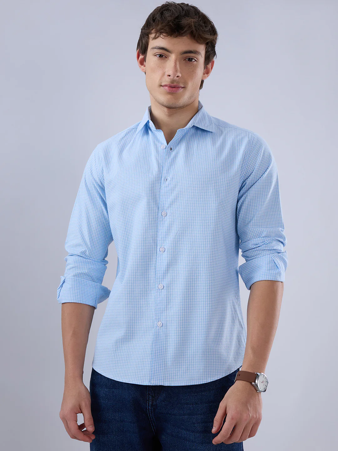 Sky Blue & White Tiny Checkered Oxford Shirt - Image 5