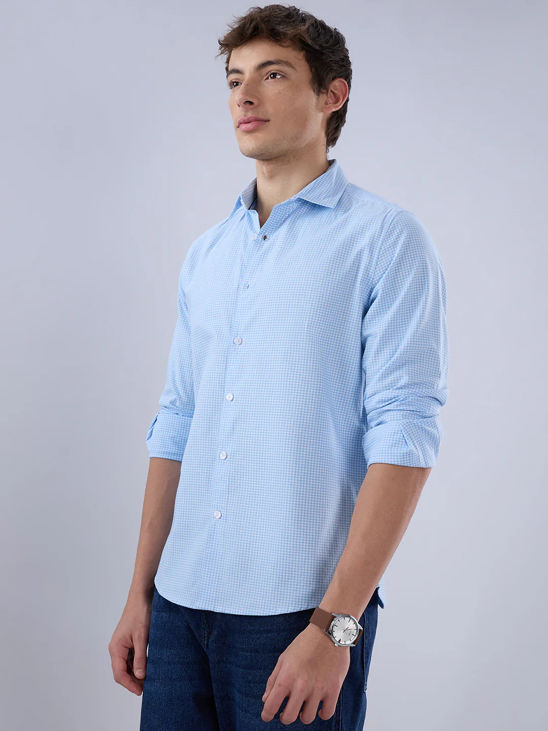 Sky Blue & White Tiny Checkered Oxford Shirt - Image 6