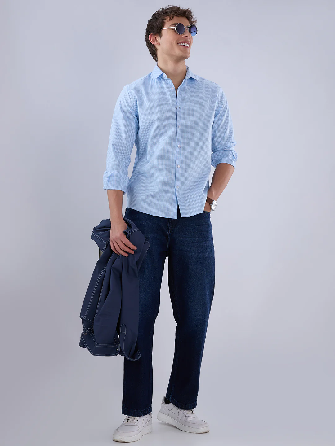 Sky Blue & White Tiny Checkered Oxford Shirt - Image 8