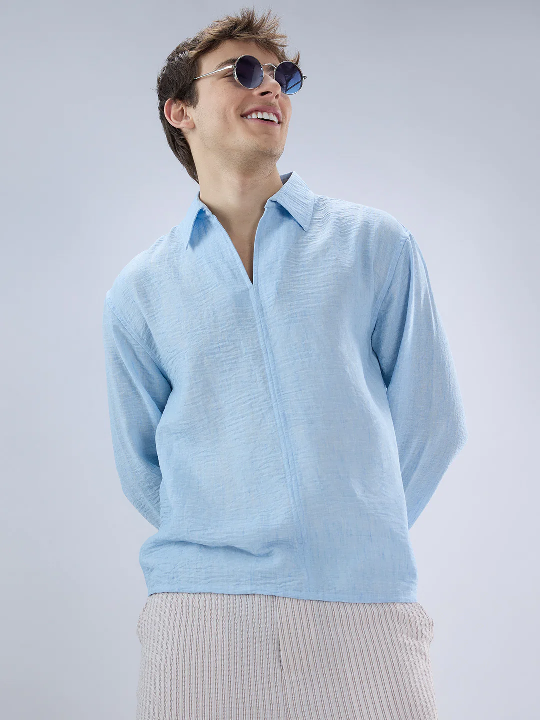 Sky Blue Crinkled Center Seam Oversized Polo Shirt - Image 2