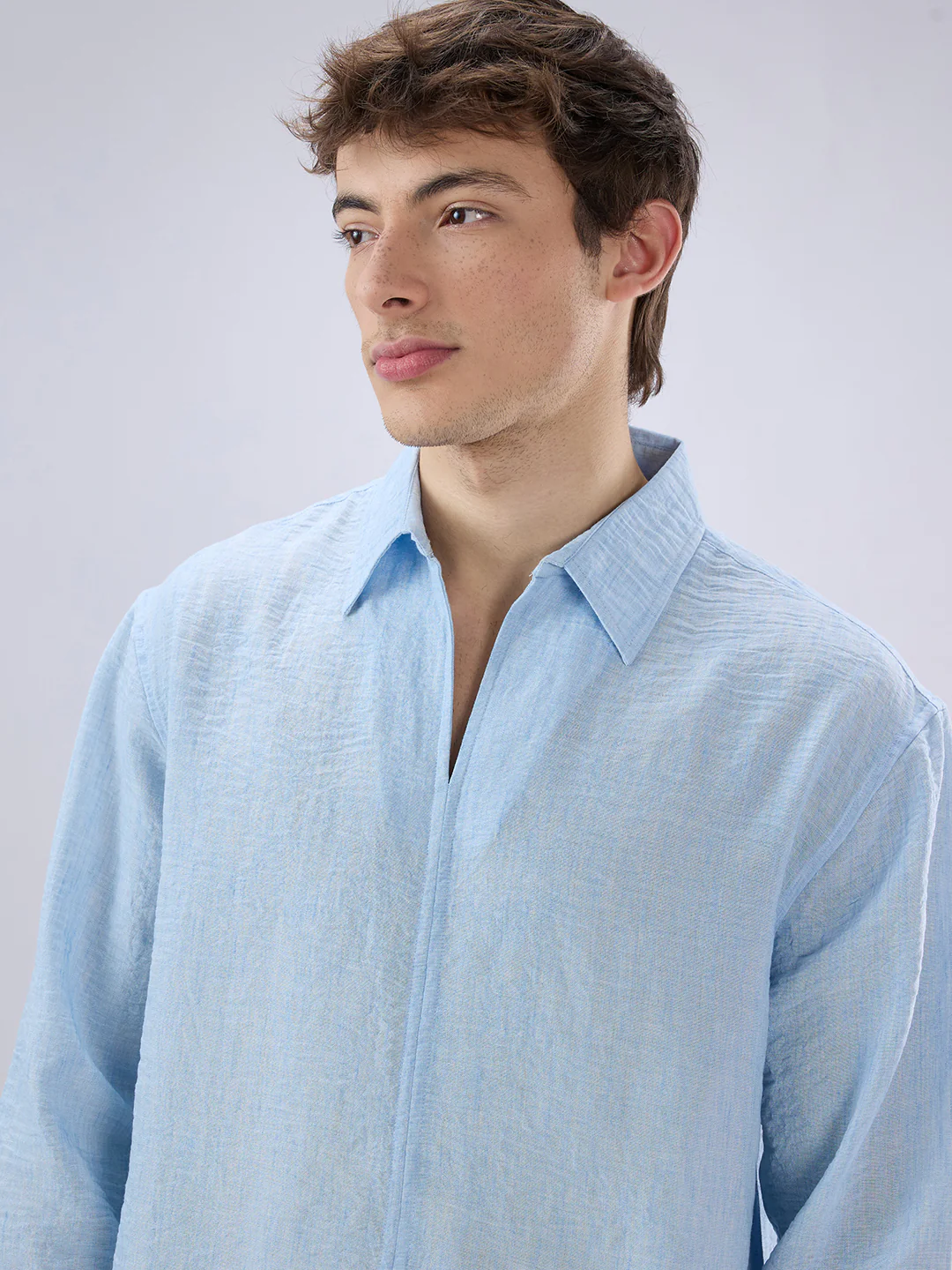 Sky Blue Crinkled Center Seam Oversized Polo Shirt - Image 3