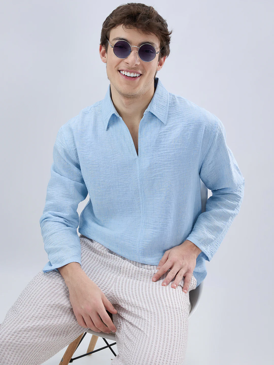 Sky Blue Crinkled Center Seam Oversized Polo Shirt - Image 4