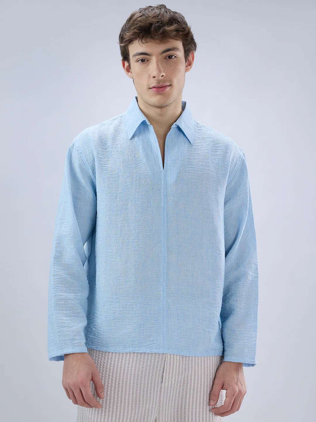 Sky Blue Crinkled Center Seam Oversized Polo Shirt - Image 5
