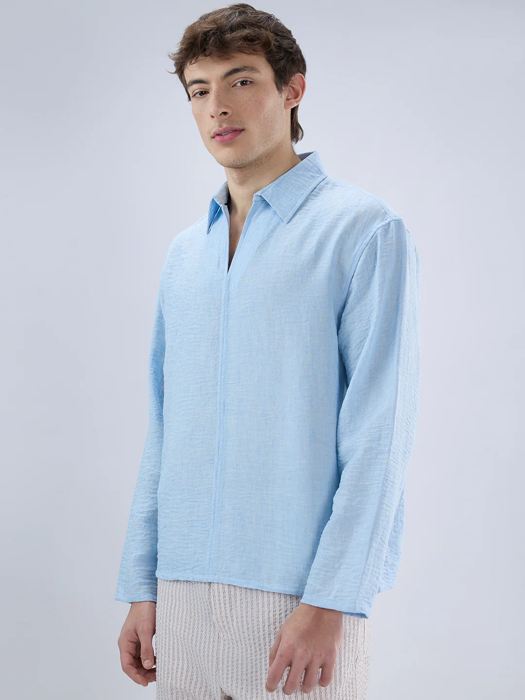 Sky Blue Crinkled Center Seam Oversized Polo Shirt - Image 6