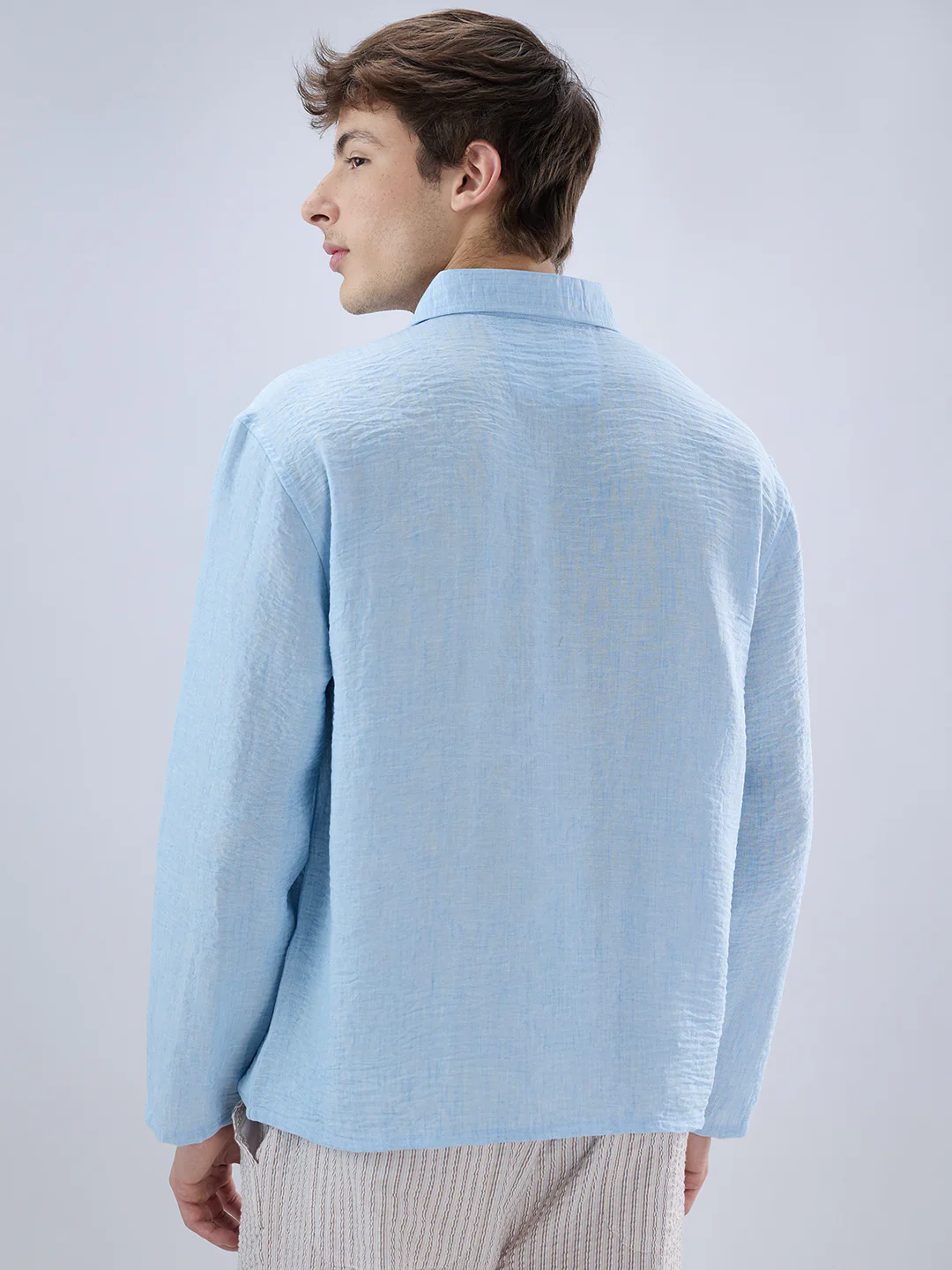 Sky Blue Crinkled Center Seam Oversized Polo Shirt - Image 7