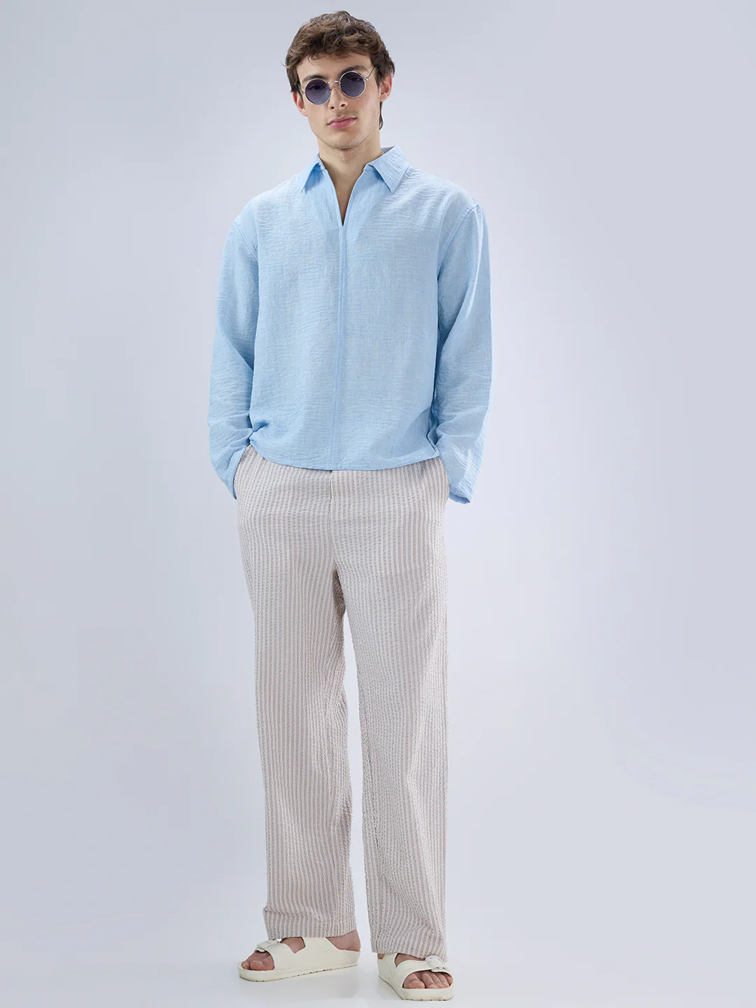 Sky Blue Crinkled Center Seam Oversized Polo Shirt - Image 8