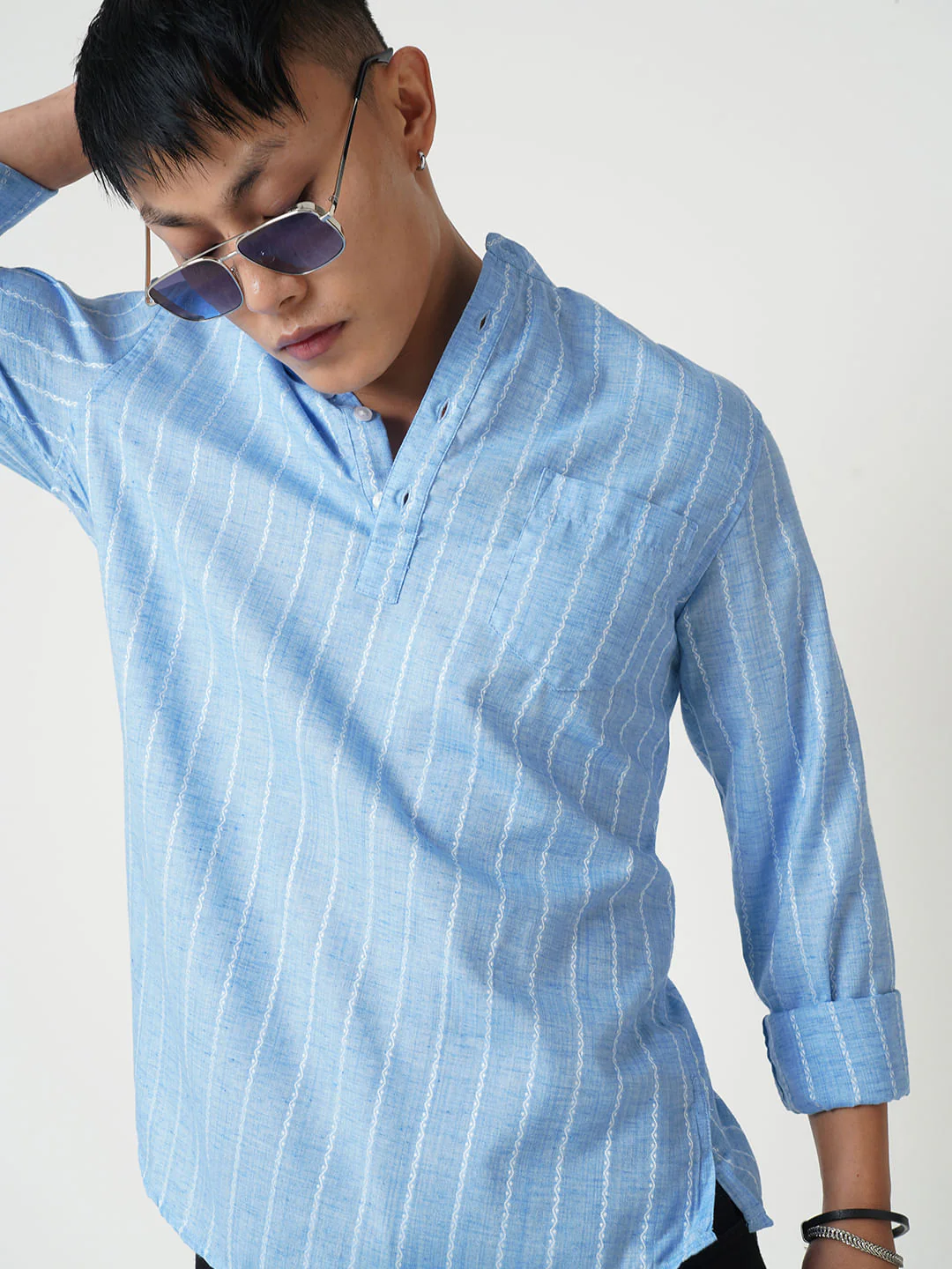 Sky Blue Dobby Striped Kurta - Image 4