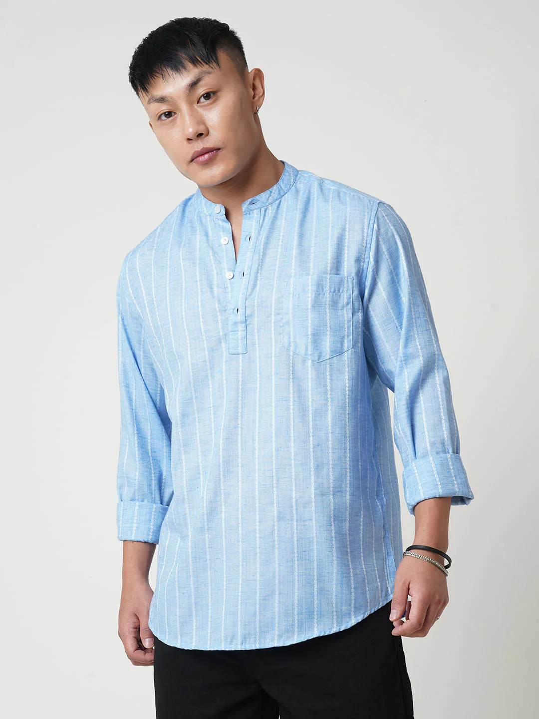 Sky Blue Dobby Striped Kurta - Image 5