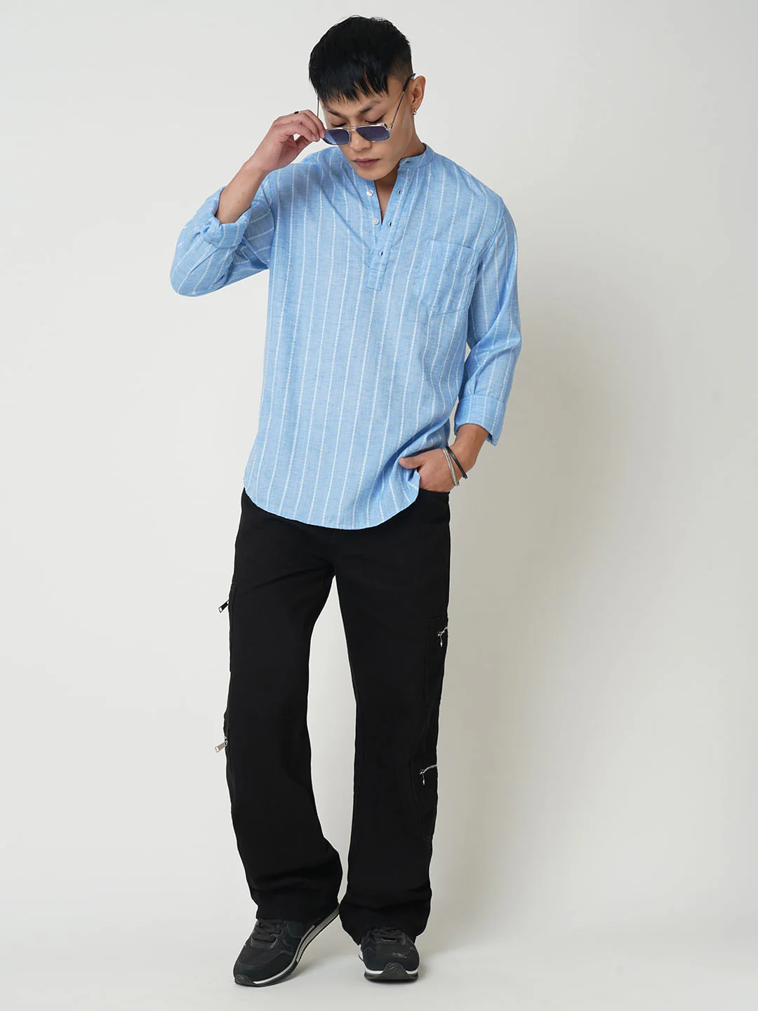 Sky Blue Dobby Striped Kurta - Image 8