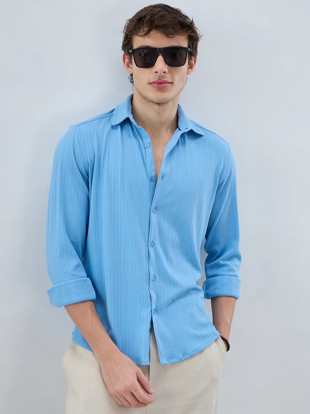 Sky Blue Fine Vertical Ribbed Knitted Shirt - Image 2