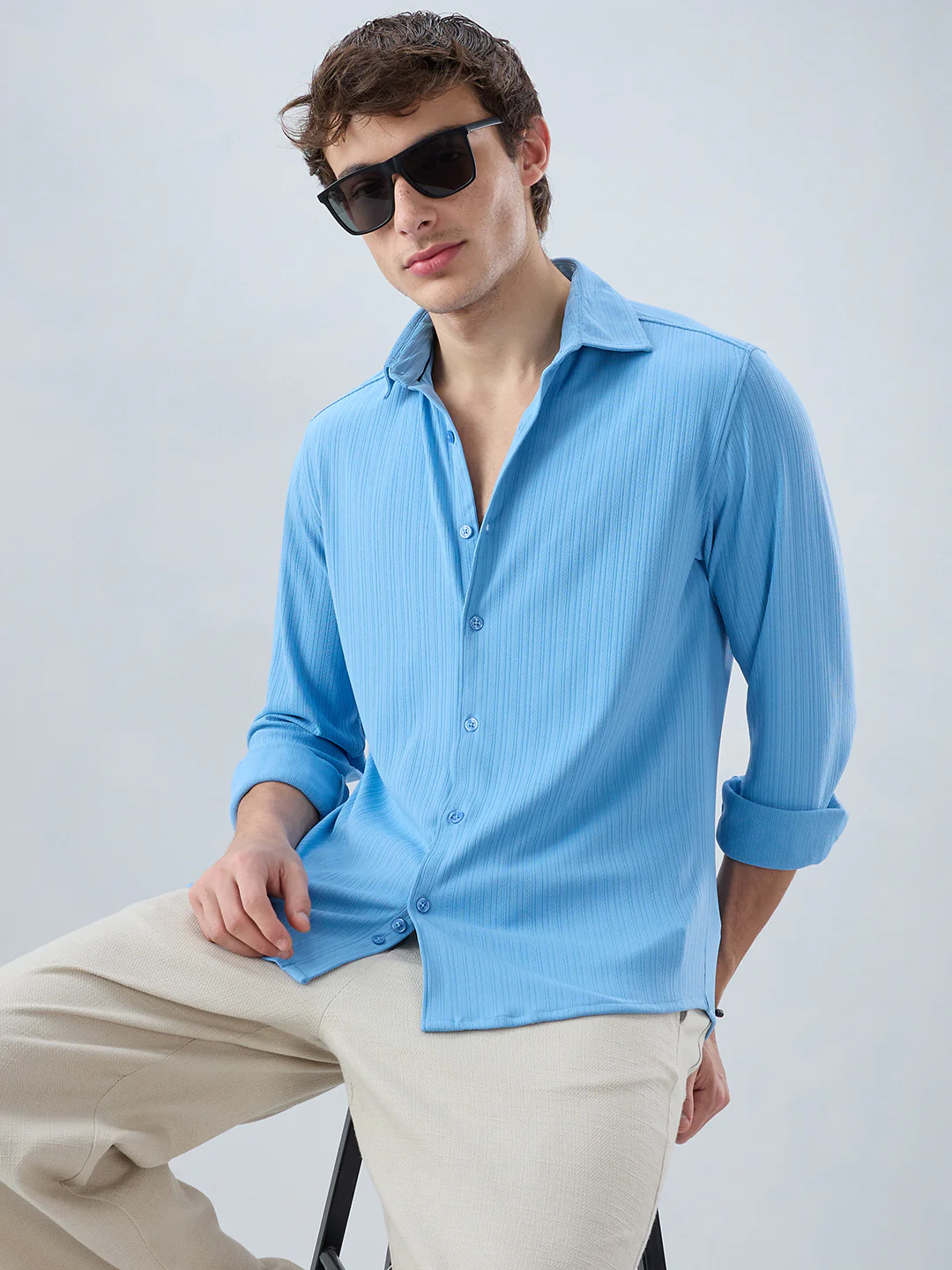 Sky Blue Fine Vertical Ribbed Knitted Shirt - Image 4