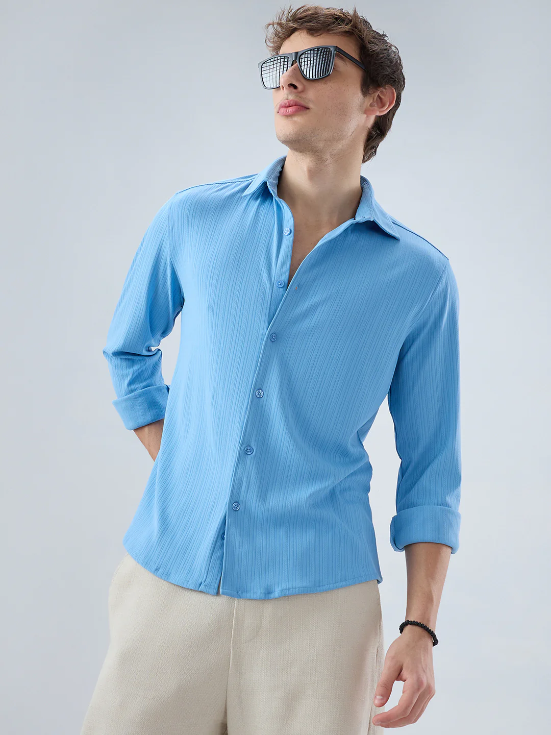 Sky Blue Fine Vertical Ribbed Knitted Shirt - Image 5