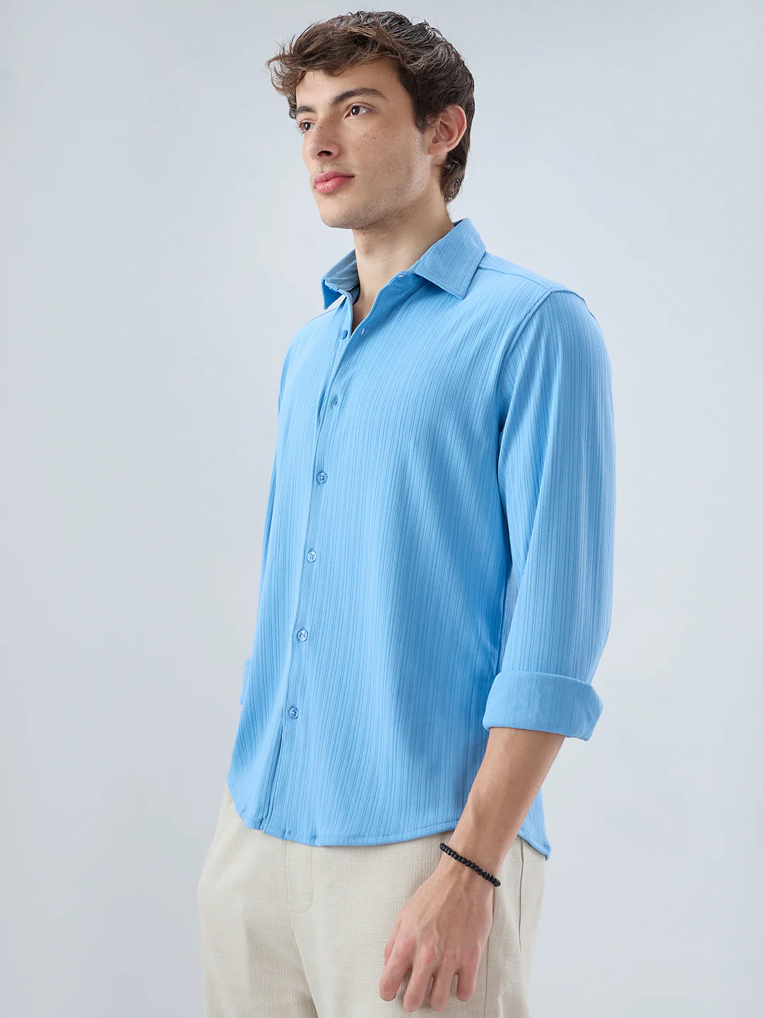 Sky Blue Fine Vertical Ribbed Knitted Shirt - Image 6