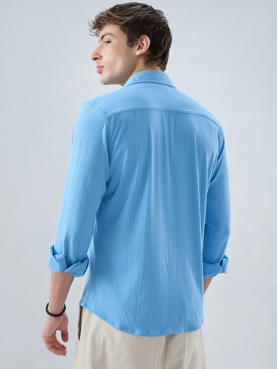 Sky Blue Fine Vertical Ribbed Knitted Shirt - Image 7