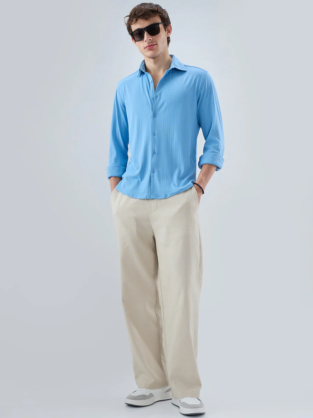 Sky Blue Fine Vertical Ribbed Knitted Shirt - Image 8