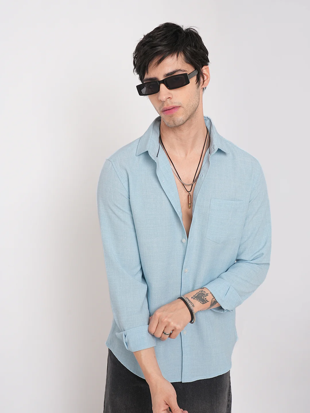 Sky Blue Slub Textured Shirt - Image 2