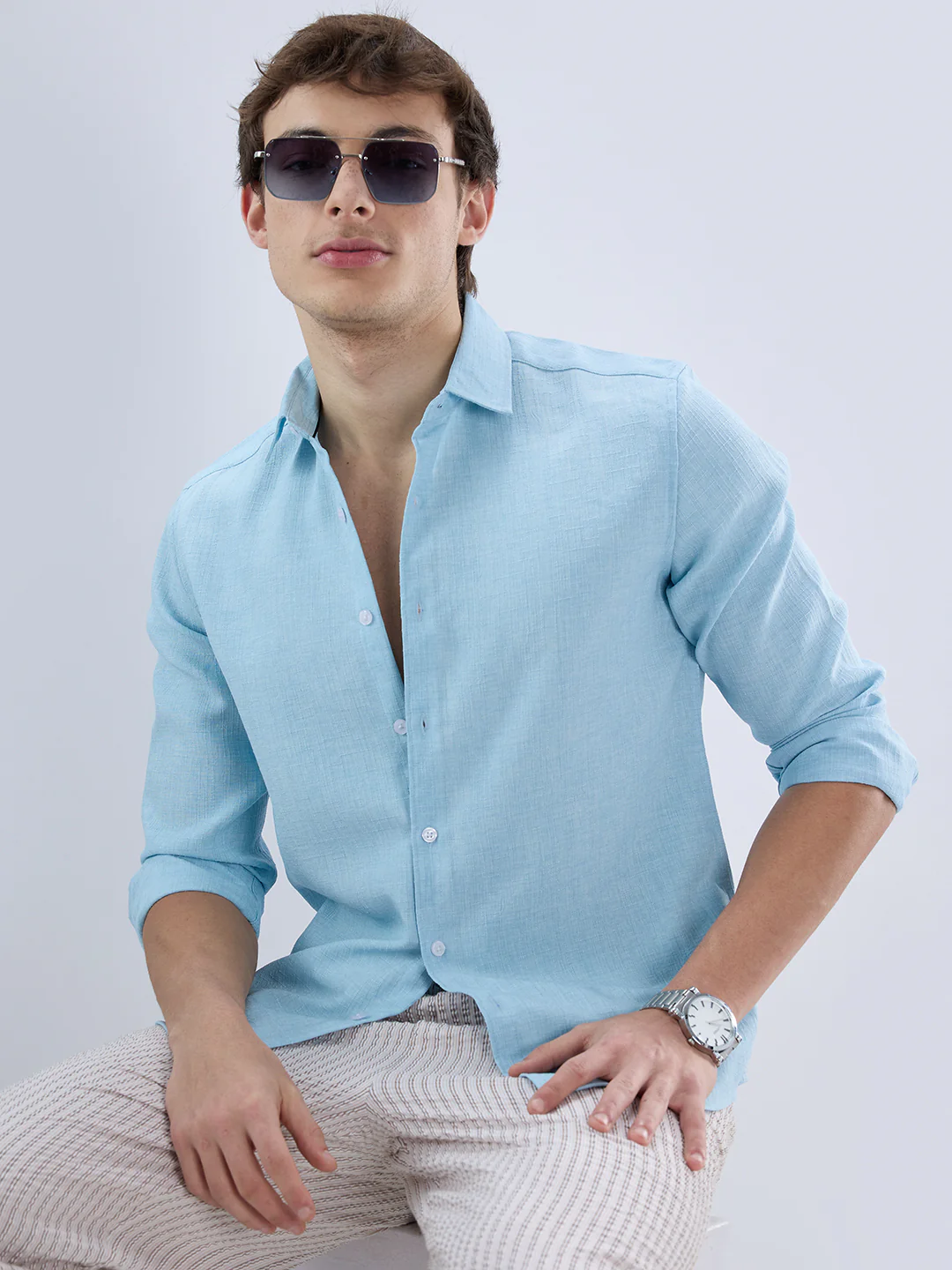 Sky Blue Slub Textured Shirt - Image 2