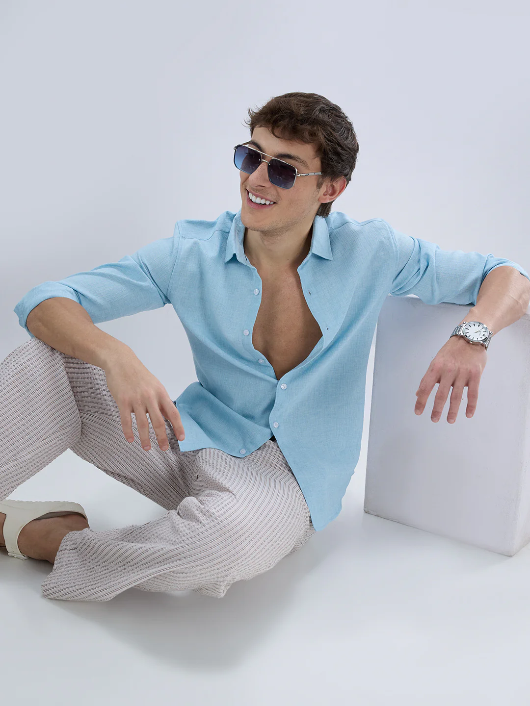 Sky Blue Slub Textured Shirt - Image 4