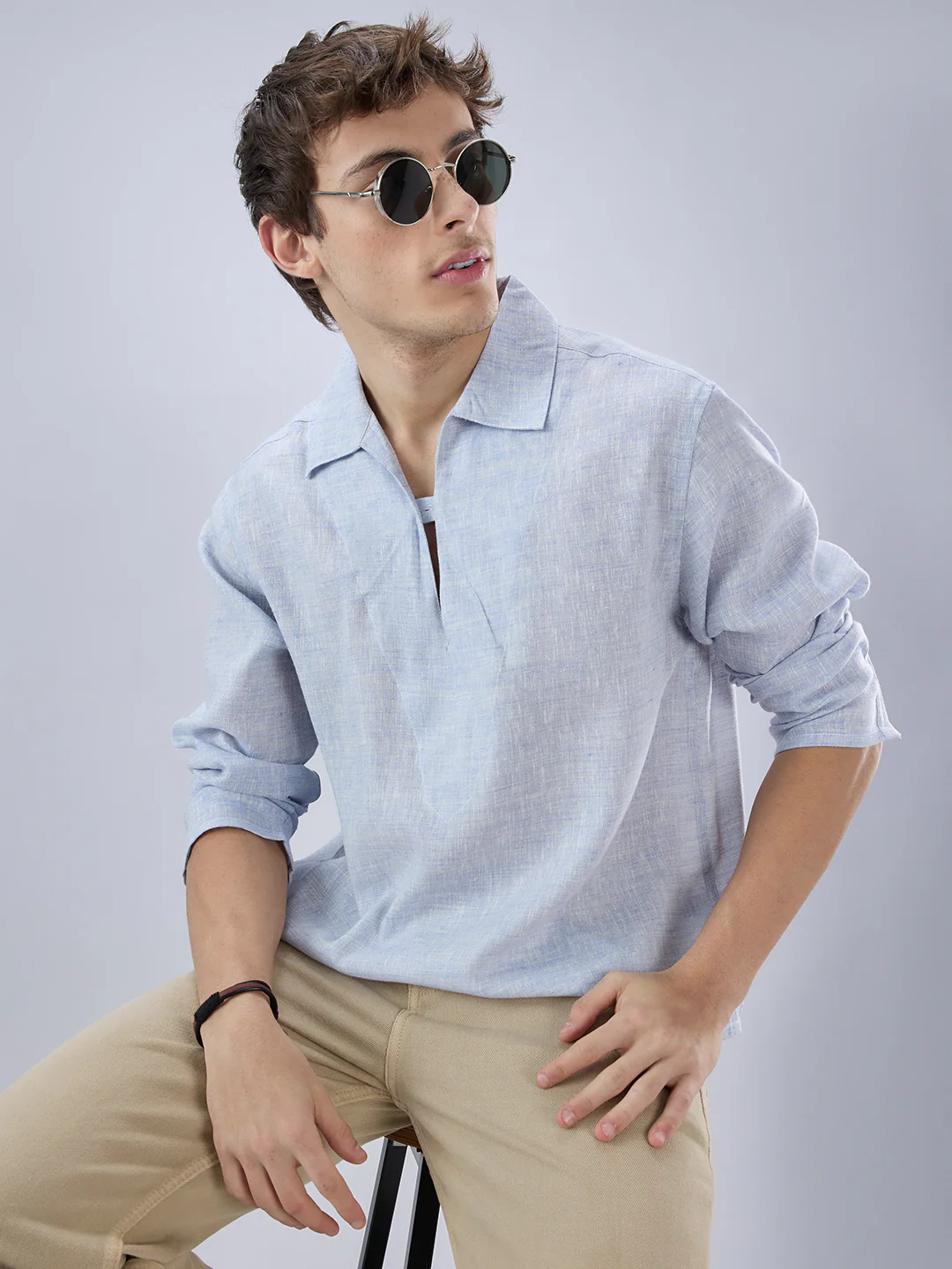 Sky Blue Textured Cuffless Oversized Shirt - Image 2