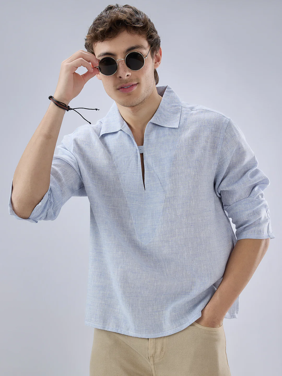 Sky Blue Textured Cuffless Oversized Shirt - Image 4