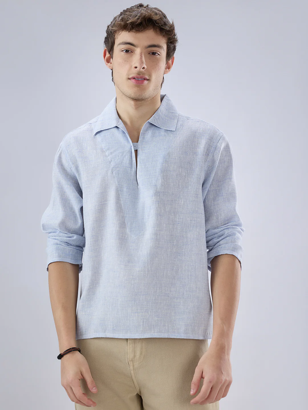 Sky Blue Textured Cuffless Oversized Shirt - Image 5