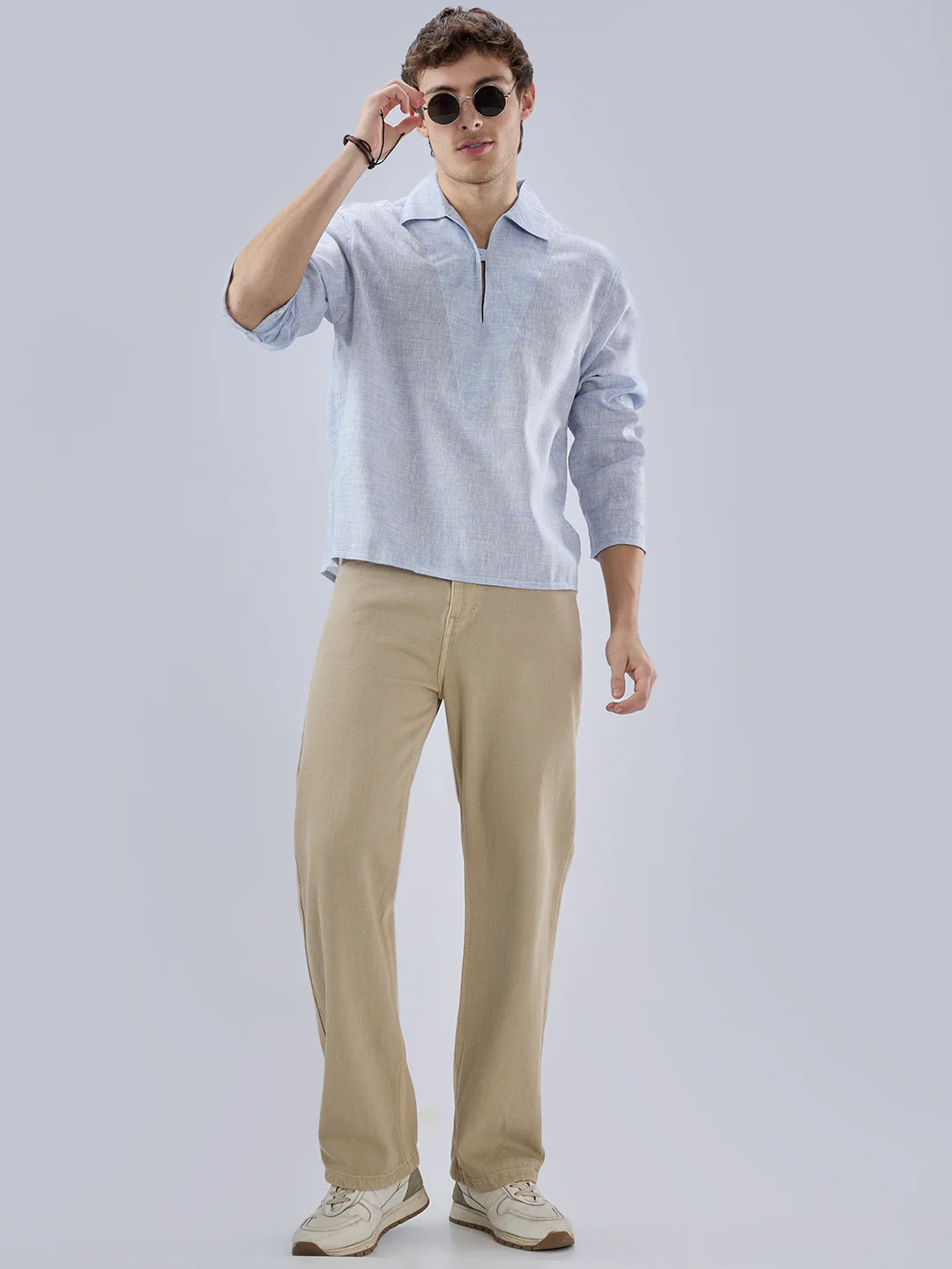 Sky Blue Textured Cuffless Oversized Shirt - Image 7