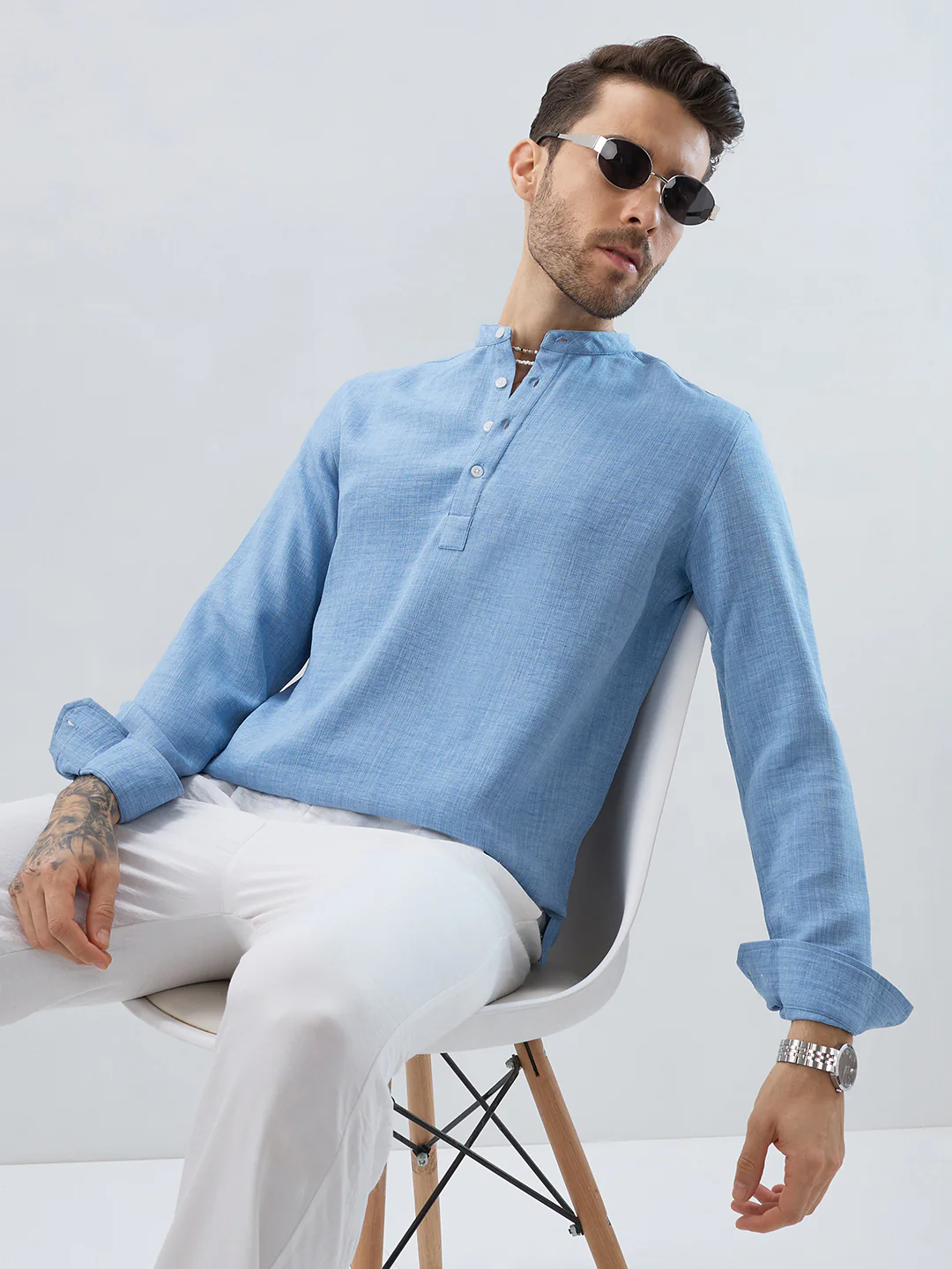 Skyline Blue Fine Weave Textured Kurta - Image 2