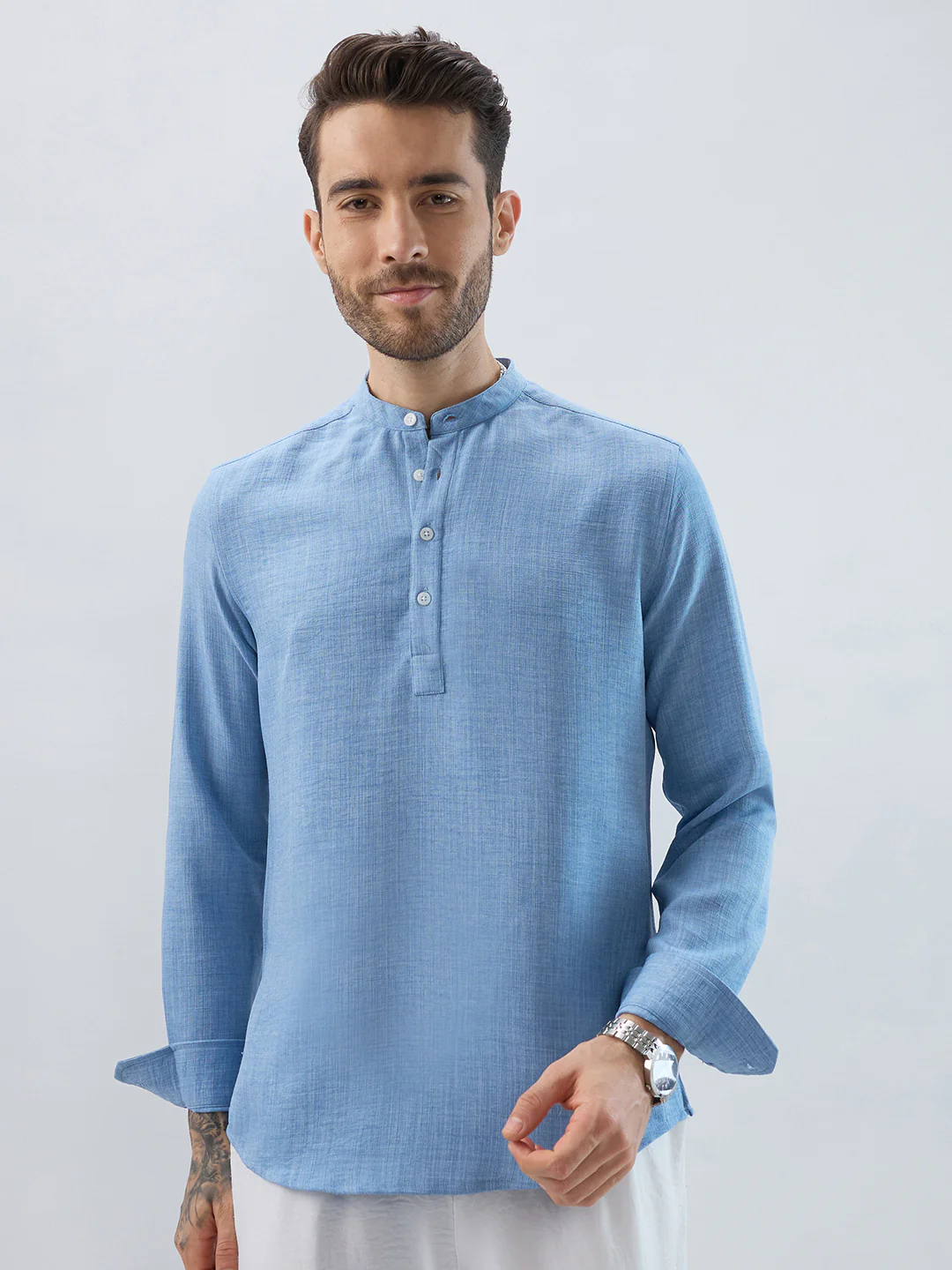 Skyline Blue Fine Weave Textured Kurta - Image 4