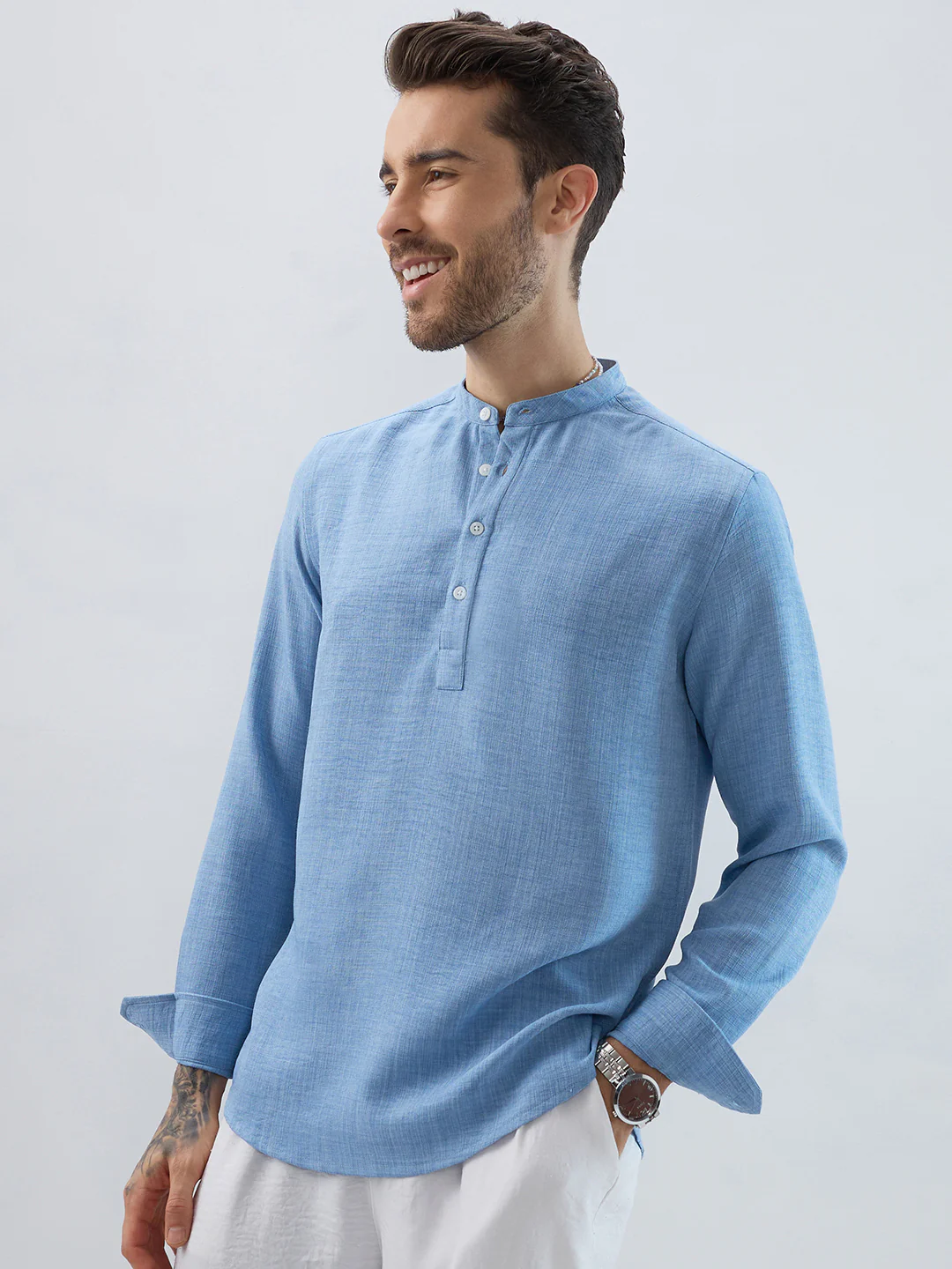 Skyline Blue Fine Weave Textured Kurta - Image 6