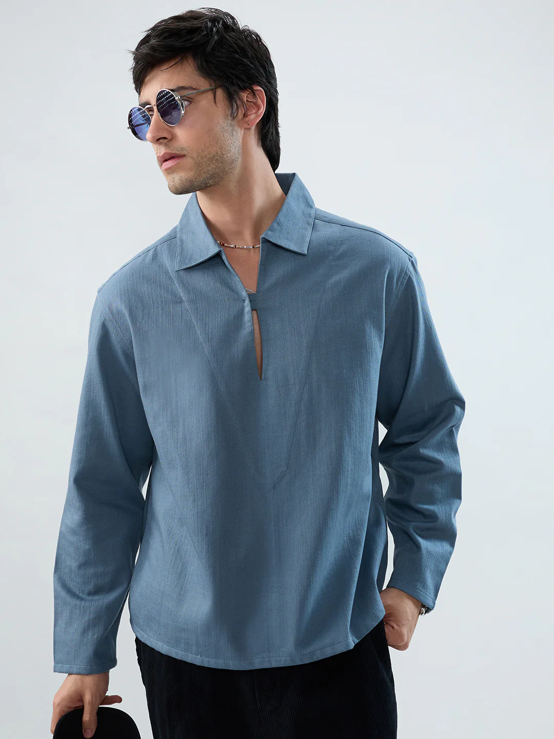 Slate Blue Cuffless Oversized Shirt - Image 2